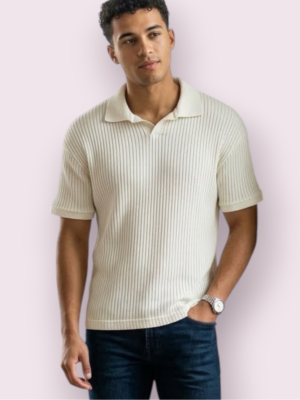 Zara Vertically Ribbed Polo Shirt Short Sleeves Off White Size Small